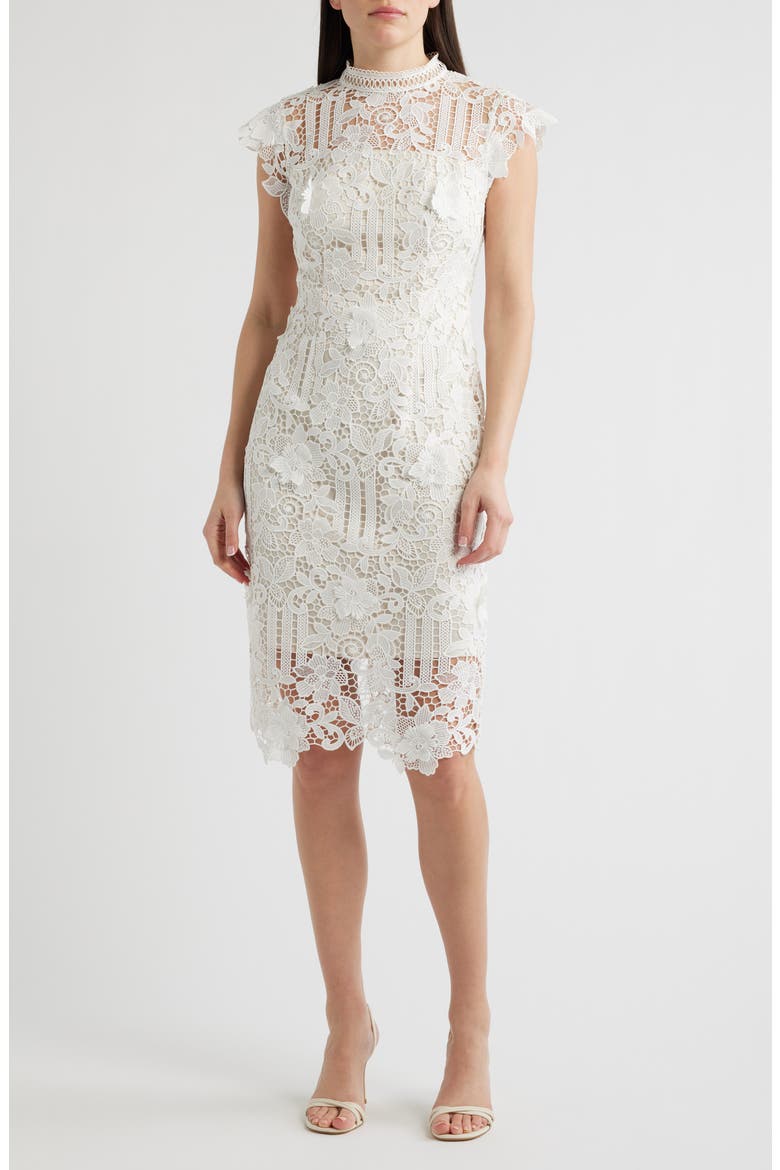 Floral Appliqué Lace Sheath Dress, Main, color, IVORY