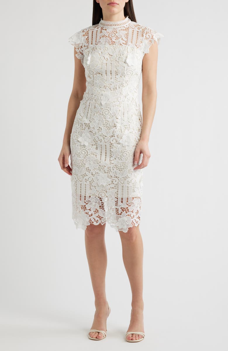 Eliza J Floral Appliqué Lace Sheath Dress, Main, color, Ivory