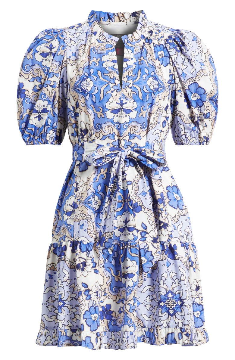 Vince Camuto Print Ruffle Tie Waist Puff Sleeve Dress, Alternate, color, 