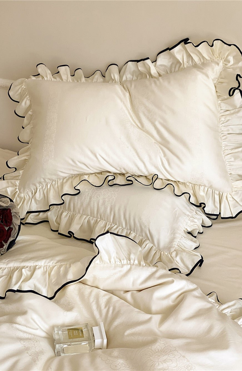 Ever Lasting Silky Ruffle Bedding Set, Alternate, color, Ivory White, Fitted