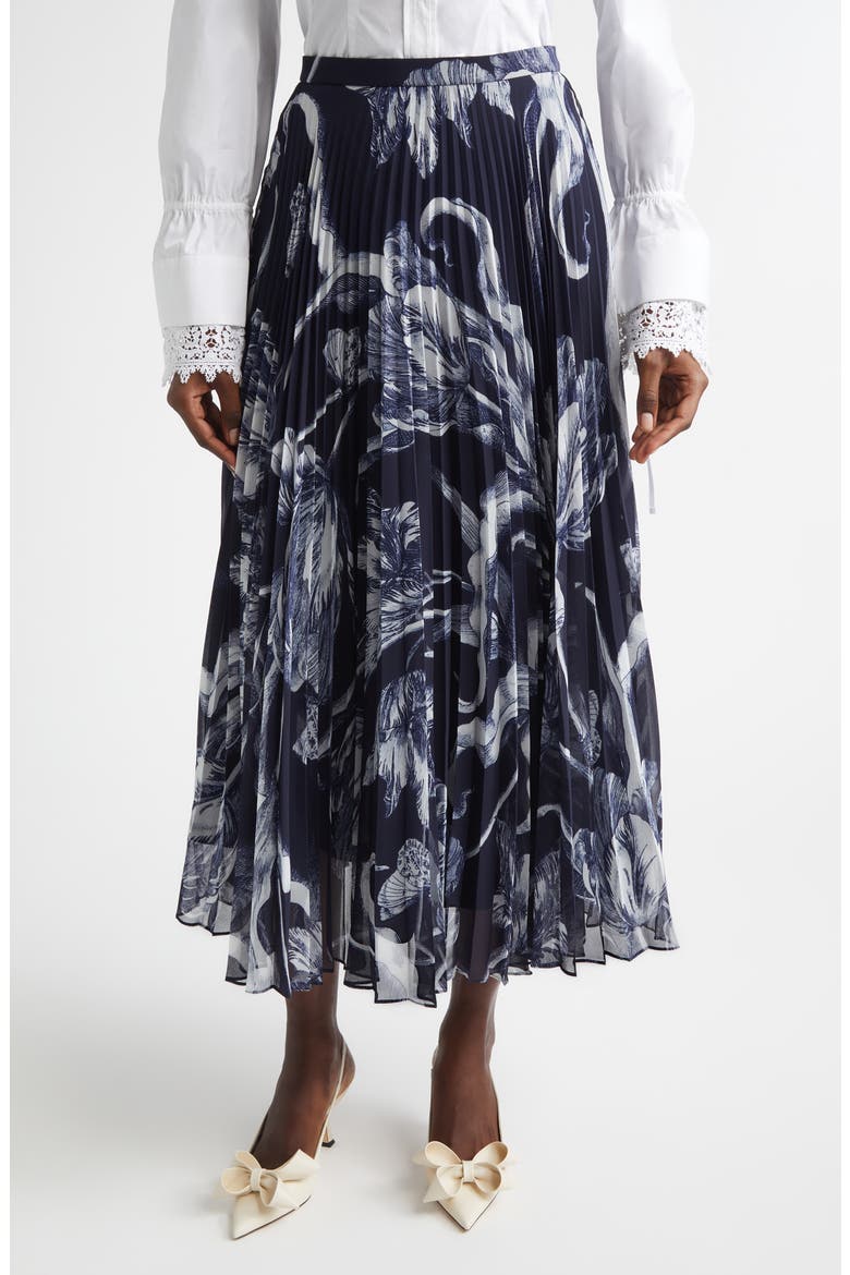 Botanical Engraving Pleated Voile Midi Skirt, Main, color, BOTANICAL ENGRAVING MIDNIGHT