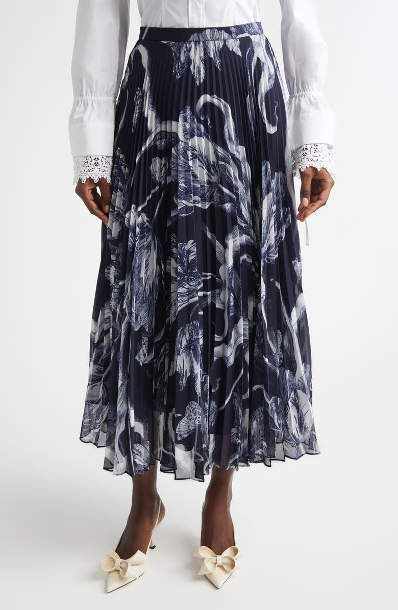Erdem Botanical Engraving Pleated Voile Midi Skirt, Main, color, Botanical Engraving Midnight