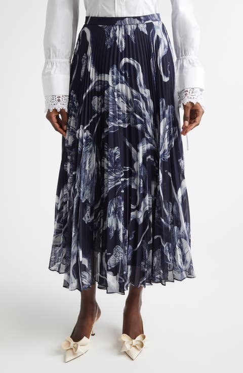 Botanical Engraving Pleated Voile Midi Skirt