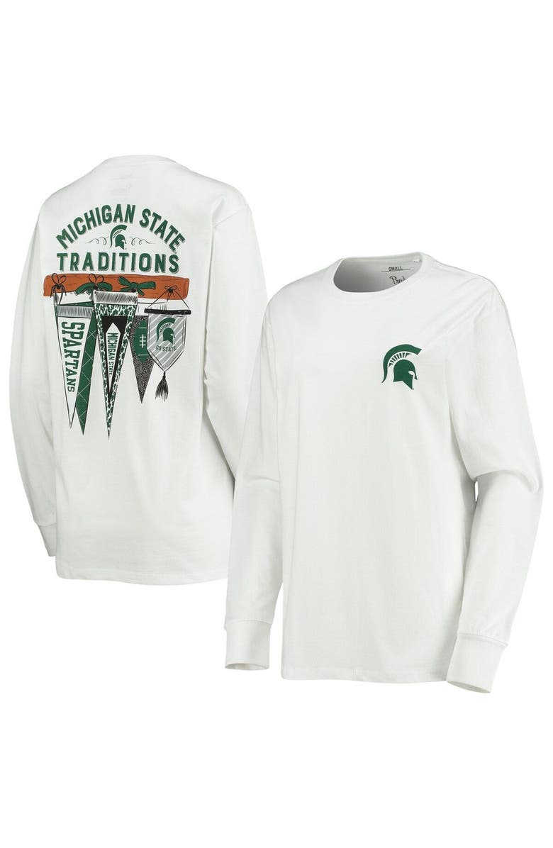 PRESSBOX Women's Pressbox White Michigan State Spartans Traditions Pennant Long Sleeve T-Shirt, Main, color, 