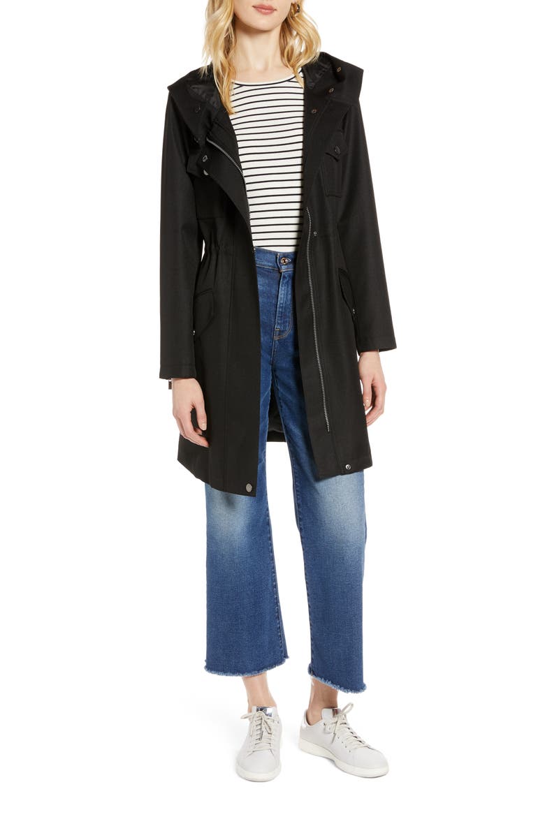 Cinch Waist Hooded Raincoat, Alternate, color, BLACK
