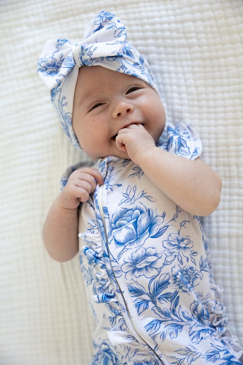 Secret Garden Toile Ruffle Flutter Sleeve Zip Romper, Alternate, color, Blue