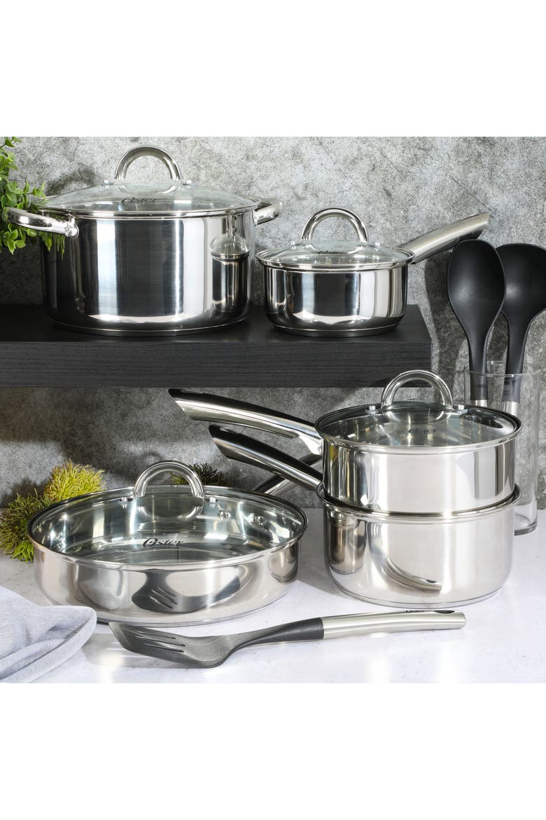 Sangerfield 12-Piece Stainless Steel Cookware Set with Kitchen Tools, Alternate, color, Silver