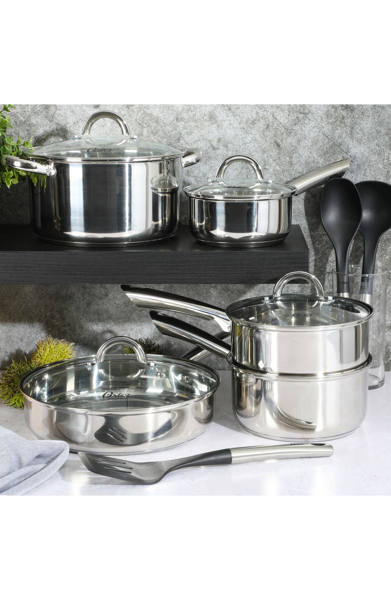 OSTER Sangerfield 12-Piece Stainless Steel Cookware Set with Kitchen Tools, Alternate, color, Silver