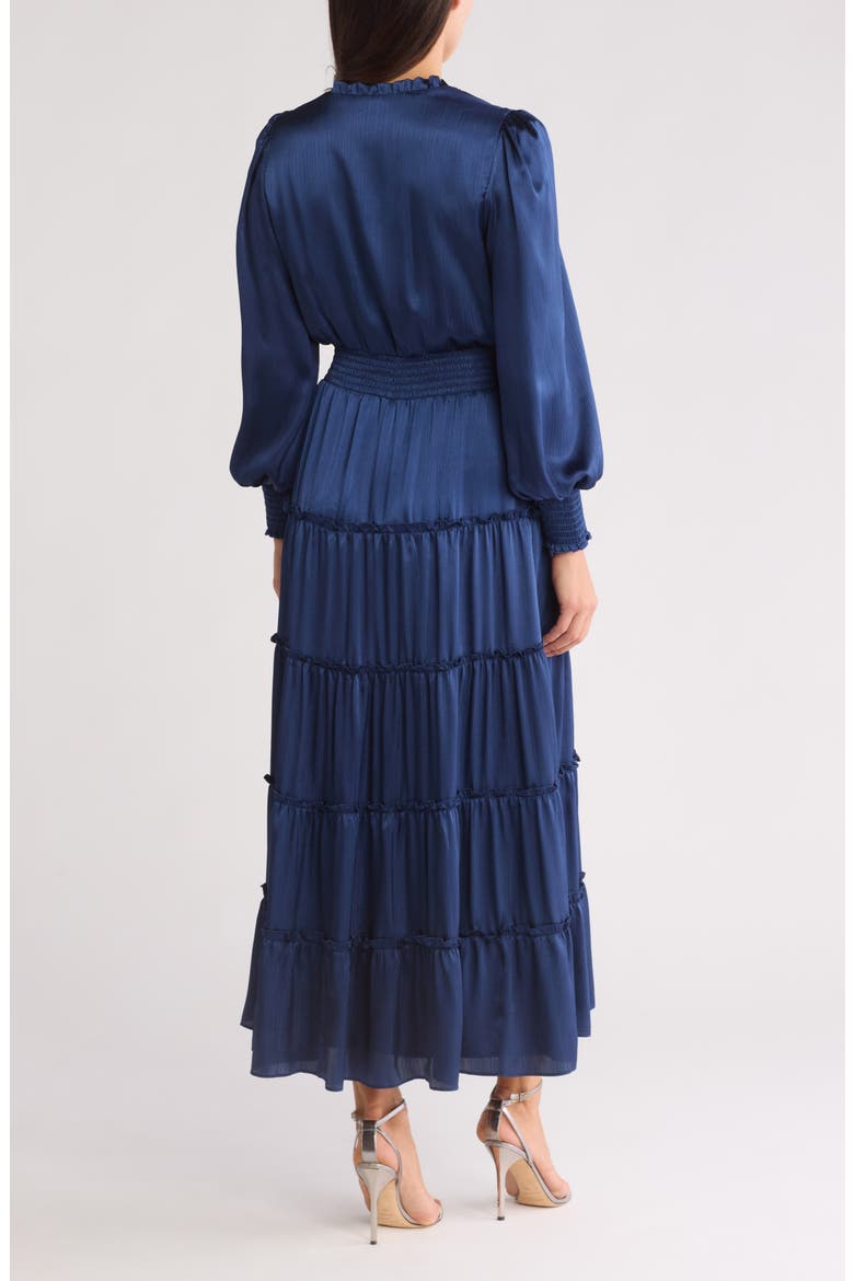 Satin Long Sleeve Tiered Maxi Dress, Alternate, color, MYSTIC NAVY