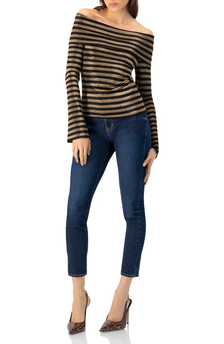 IVONNE Bardot Neckline Striped Long Sleeve Blouse, Alternate, color, Black