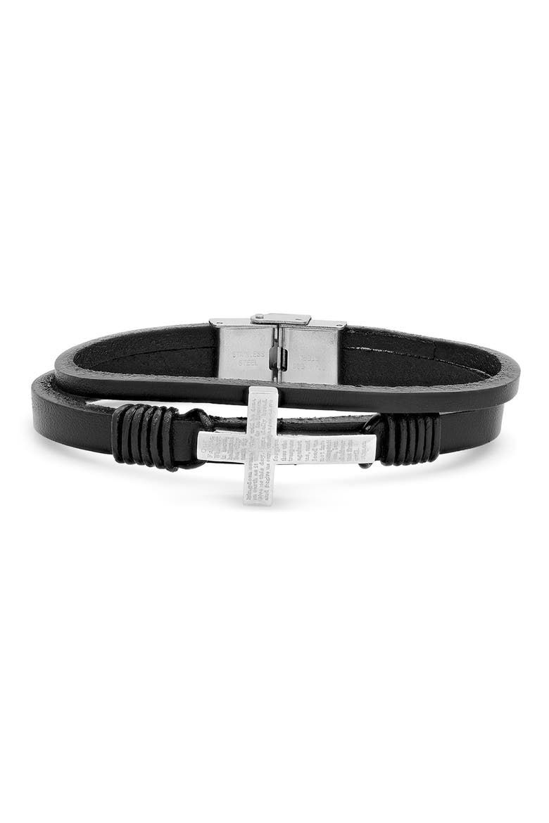 Men's Stainless Steel Lord's Prayer Cross Layered Leather Bracelet, Main, color, BLACK-METALLIC