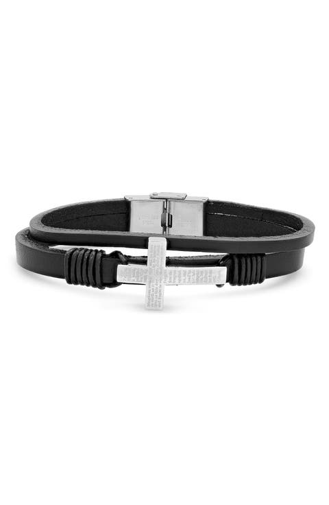 Men's Stainless Steel Lord's Prayer Cross Layered Leather Bracelet