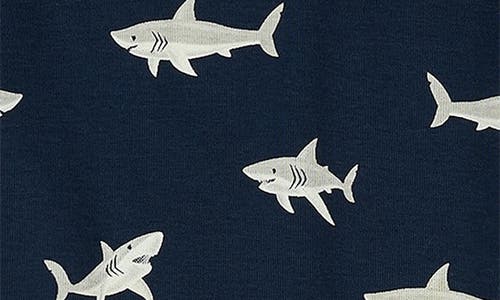 Petit Lem Kids' Shark Print Fitted Two-piece Organic Cotton Rib Pajamas In Blue