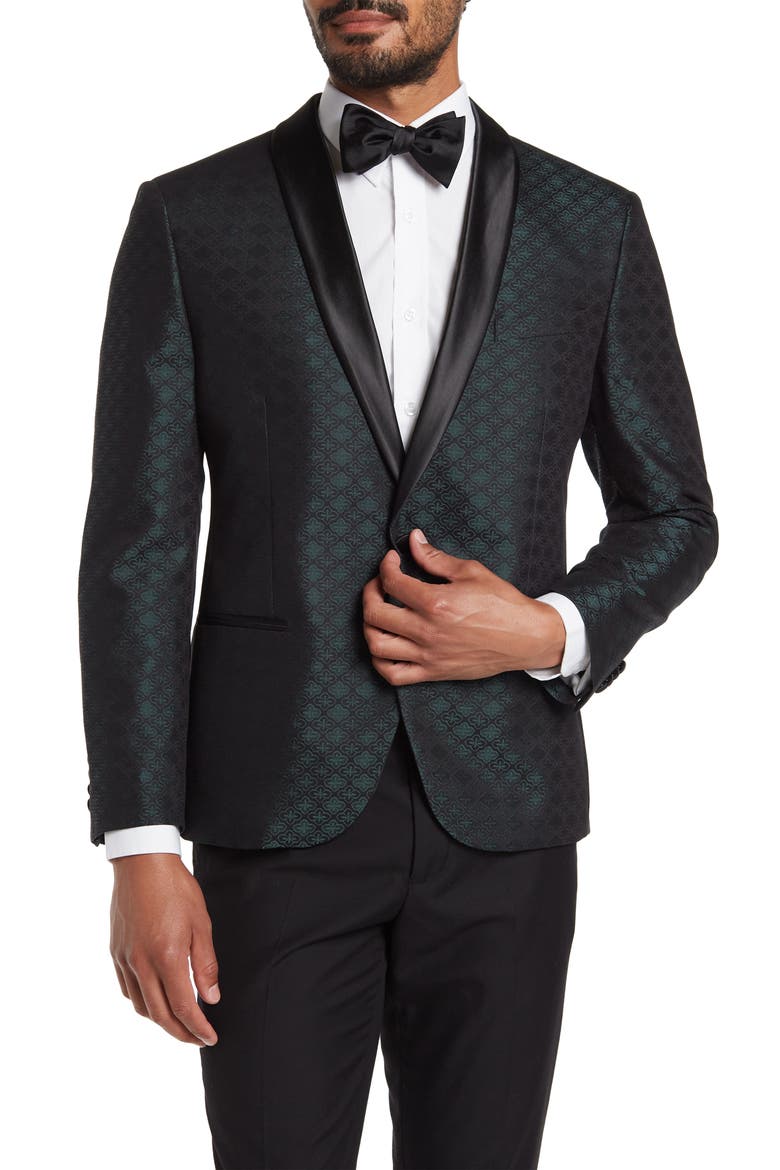 Shawl Collar One Button Printed Sportcoat, Main, color, BLACK