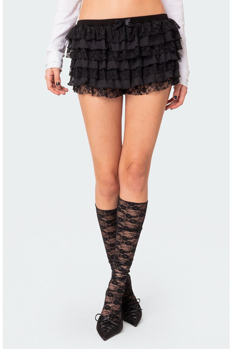 Unicorn Layered Ruffle Lace Shorts, Main, color, BLACK