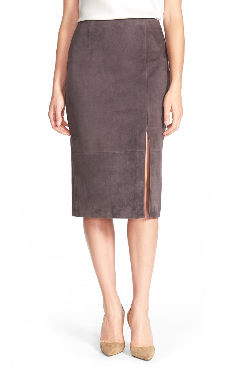 Front Slit Suede Midi Skirt, Main, color, GREY SHALE