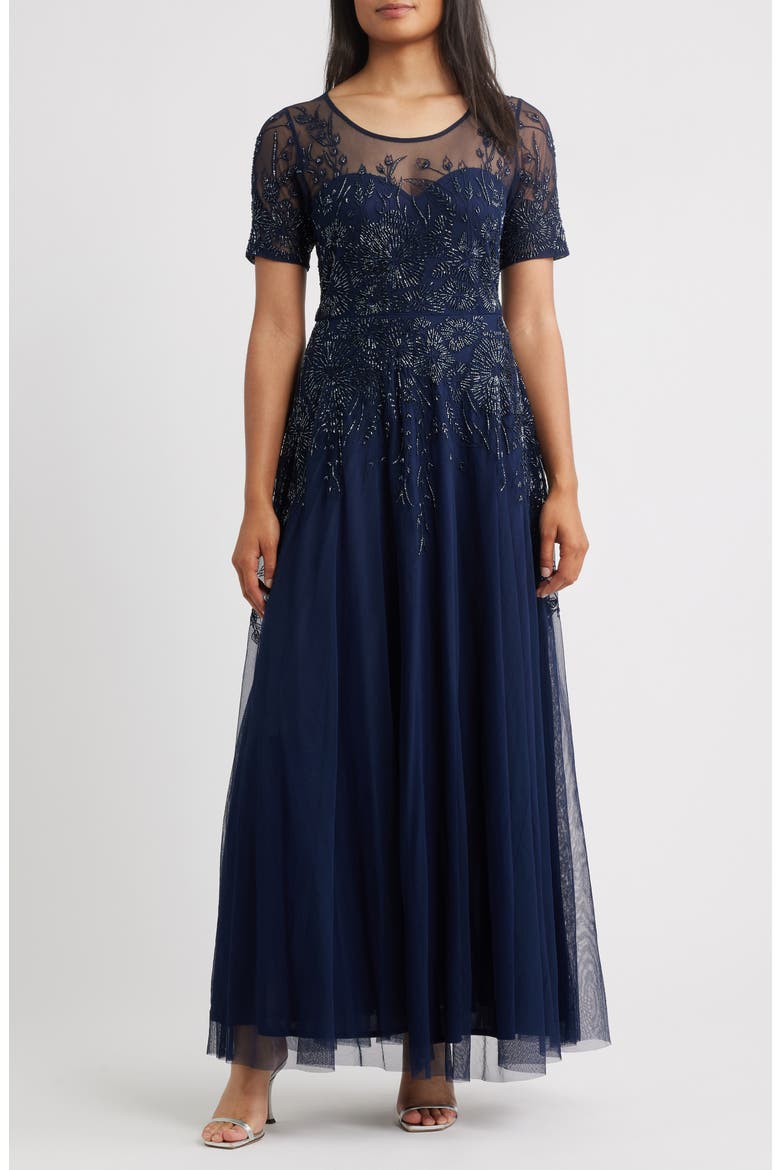 Embellished Illusion Neck Gown, Main, color, NAVY