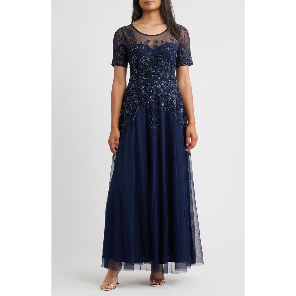 Pisarro Nights Embellished Illusion Neck Gown In Blue