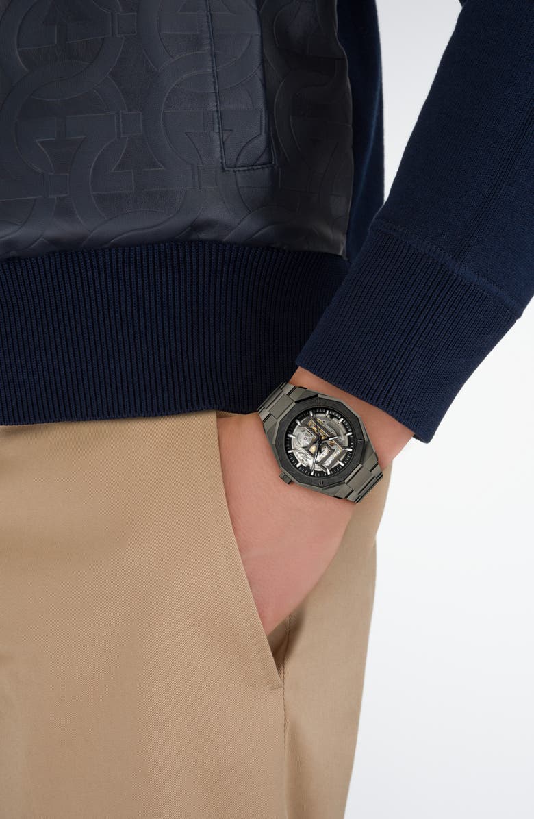 FERRAGAMO Edge Skeleton Automatic Bracelet Watch, 42mm, Alternate, color, Ip Gunmetal