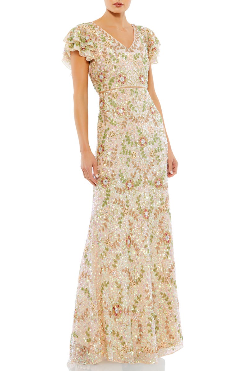 Mac Duggal Floral Beaded Flutter Sleeve Tulle Gown, Main, color,