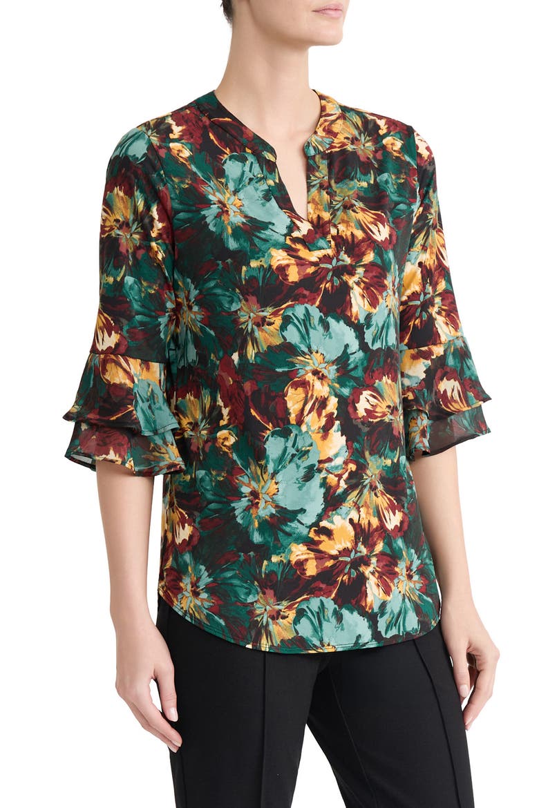 Tiered Bell Sleeve Tunic, Alternate, color, EVERGREEN MULTI