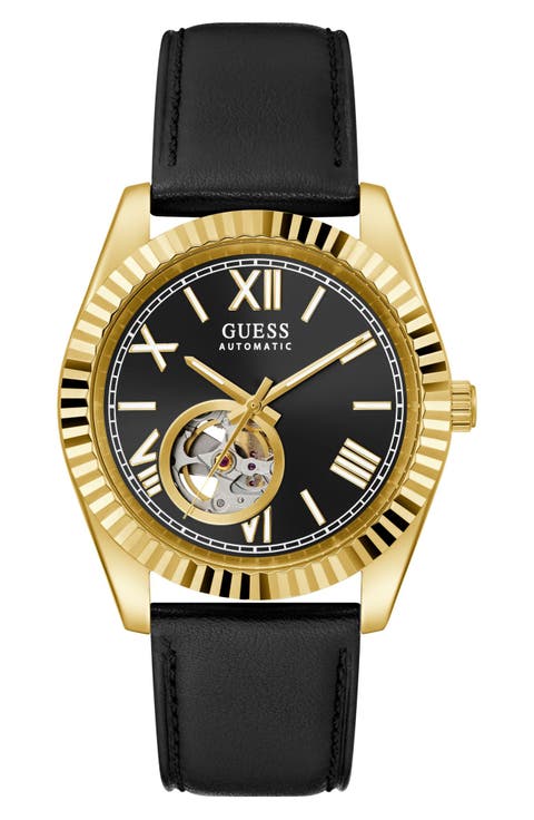 Open Heart Automatic Leather Strap Watch, 42mm