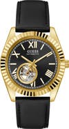 GUESS Open Heart Automatic Leather Strap Watch, 42mm