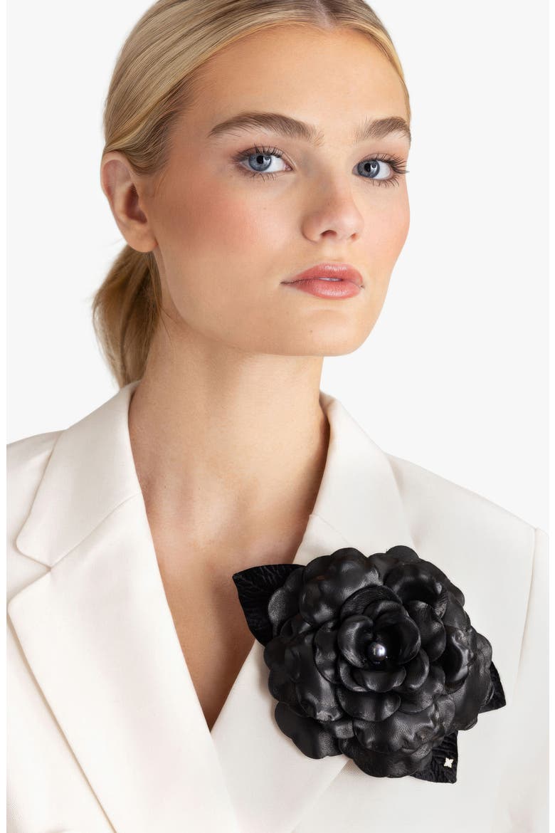 The Large Black Gardenia Floral Brooch, Alternate, color, Black