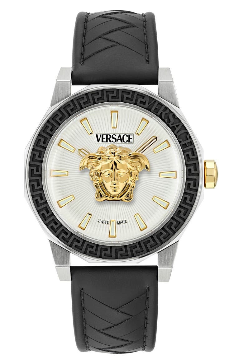 Medusa Deco Leather Strap Watch, 43mm, Main, color, STAINLESS STEEL