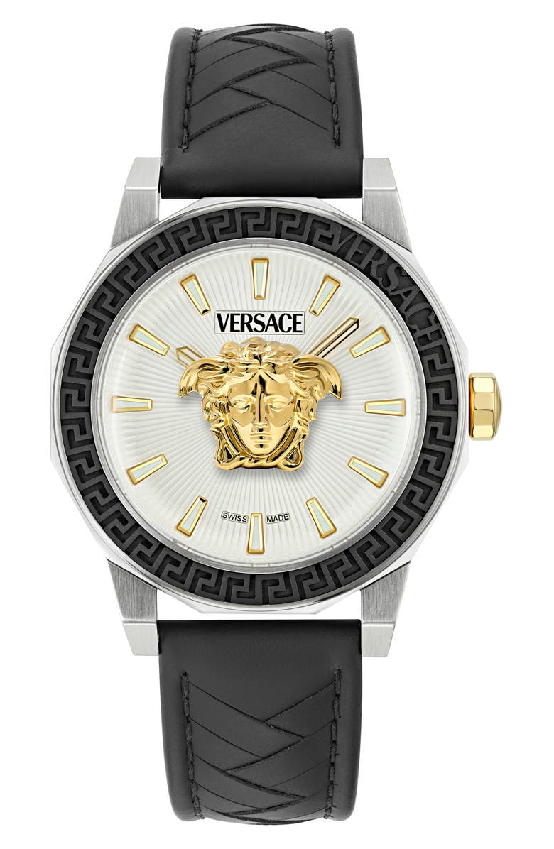 Versace Medusa Deco Leather Strap Watch, 43mm, Main, color, 