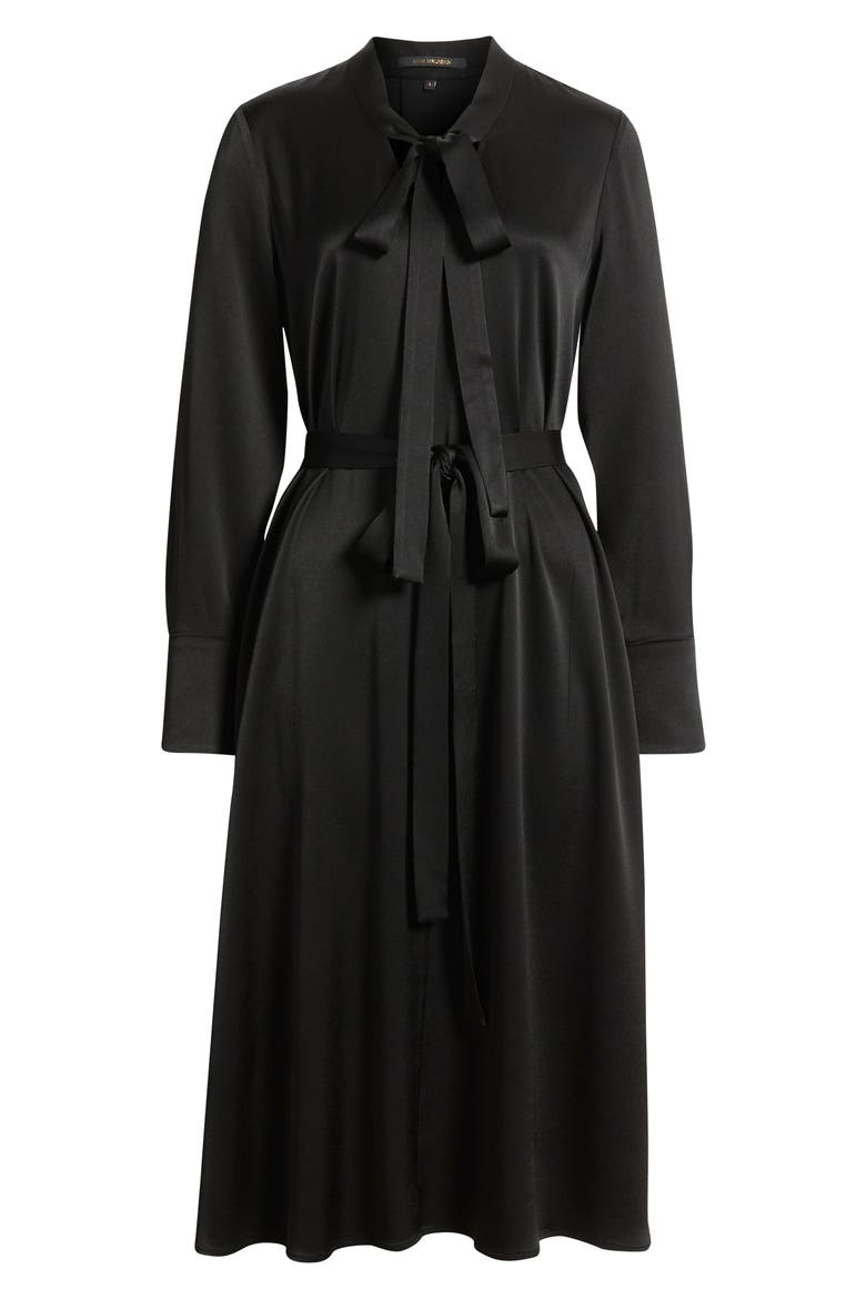 Bambi Tie Waist Long Sleeve Satin Dress, Alternate, color, BLACK