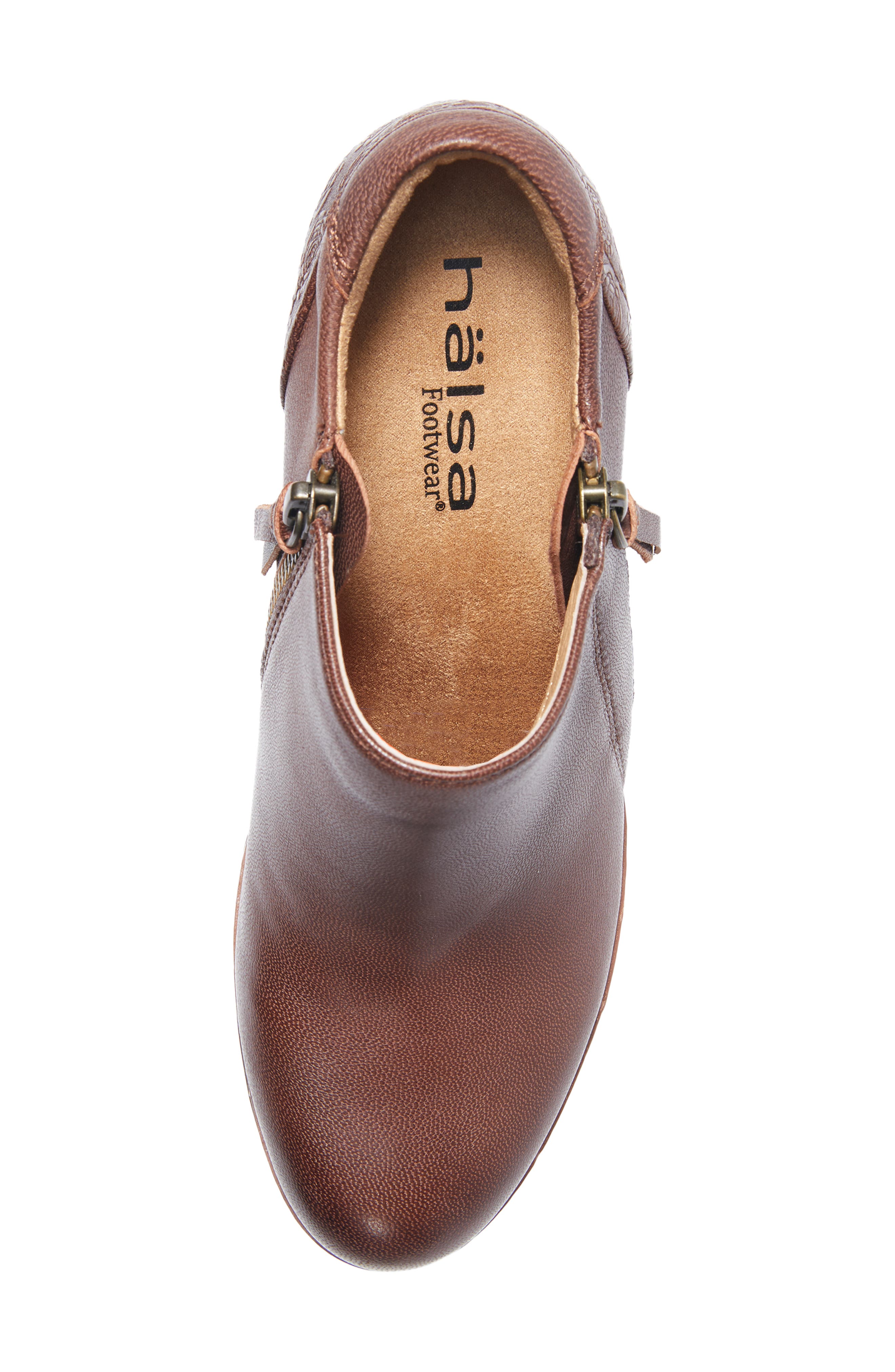 Rylee Floral Embossed Leather Bootie, Alternate, color, DARK BROWN
