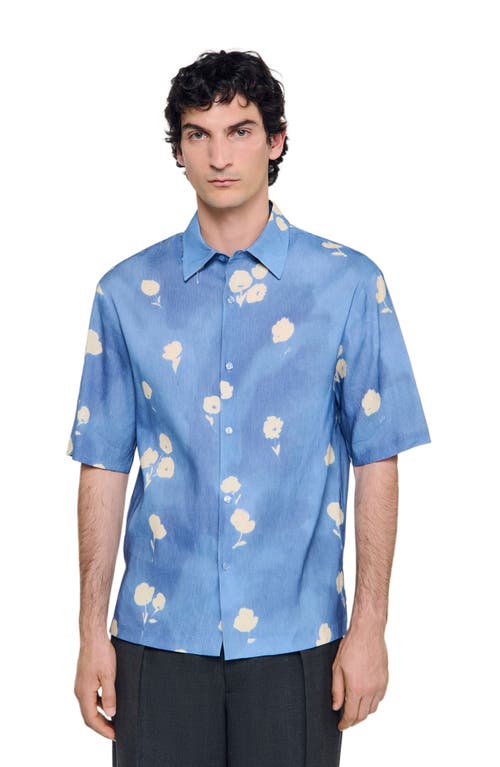 Sandro Mens Blue Office Floral-print Regular-fit Stretch Linen-blend Shirt In Blue