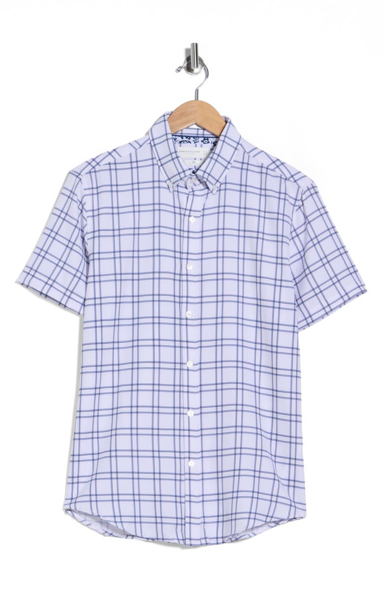 DENIM AND FLOWER Windowpane Plaid Short Sleeve Stretch Button-Down Shirt, Main, color, White/ Blue