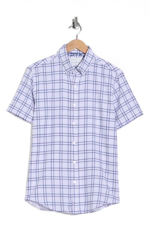 Windowpane Plaid Short Sleeve Stretch Button-Down Shirt