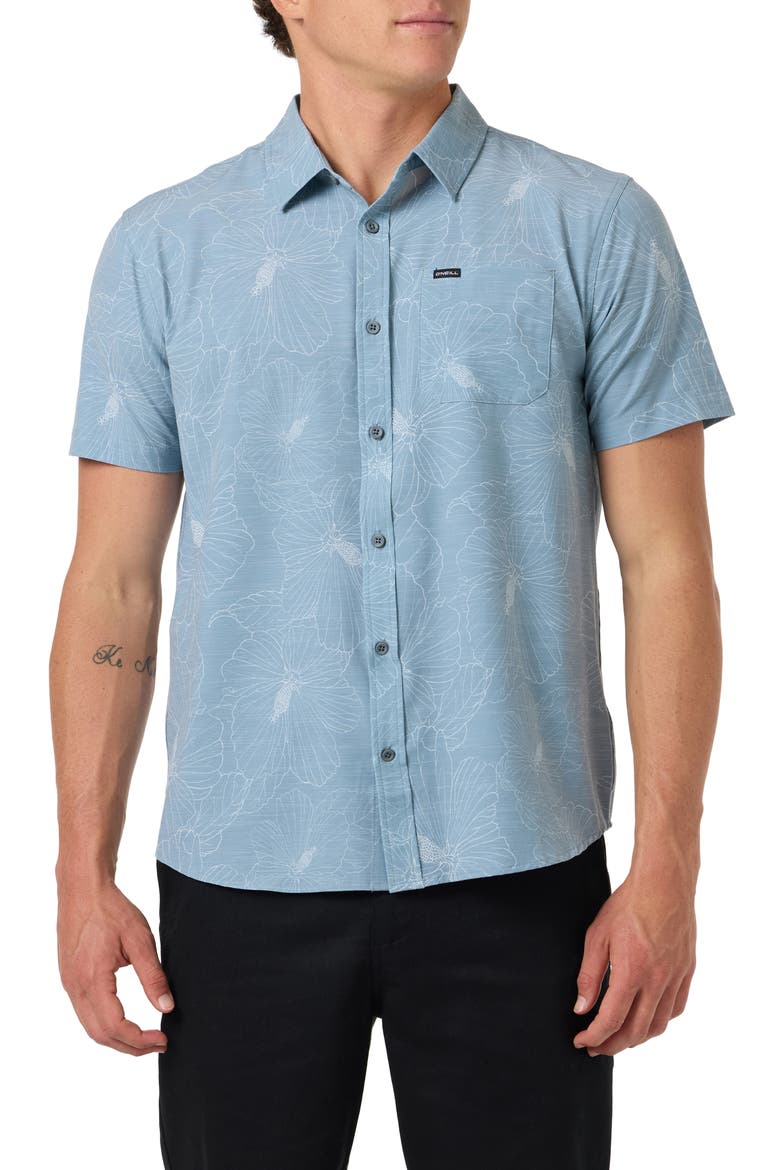 UPF Slub Standard Short Sleeve Performance Button-Up Shirt, Main, color, LEAD