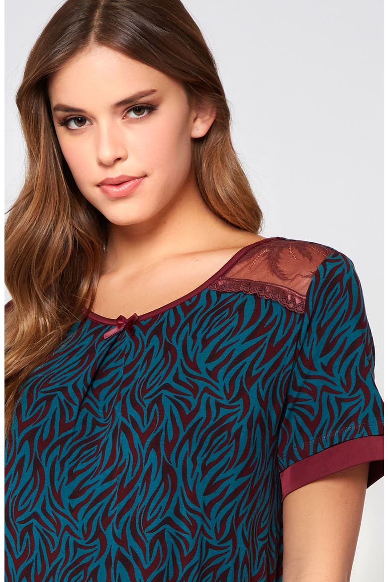 Zebra Print Lace-Trim Sleep Shirt, Alternate, color, Teal-Burgundy