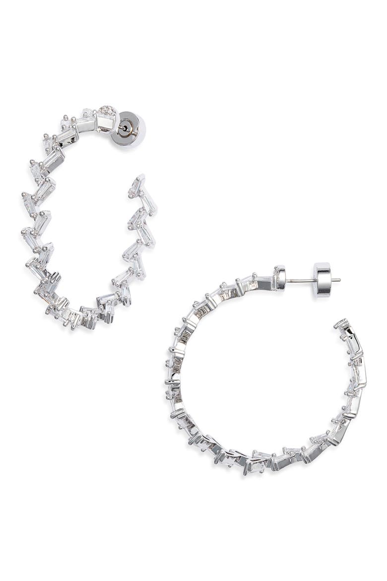 Cubic Zirconia Baguette Hoop Earrings, Main, color, CLEAR- SILVER