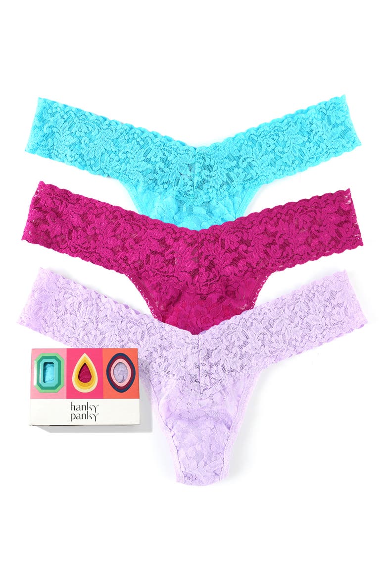 Holiday Assorted 3-Pack Low Rise Thongs, Main, color, BU BLU/BRT AMTHST/CL LVNDR