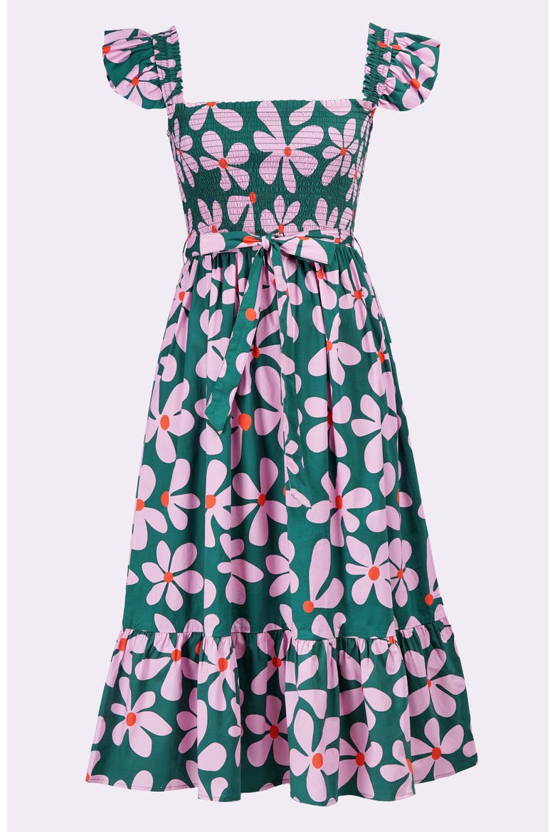 Ivanna A-Line Smocked Midi Dress, Alternate, color, Dancing Daisies Evergreen