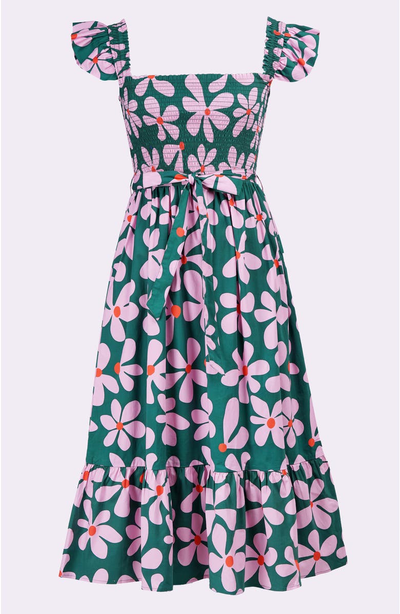 Leota Ivanna A-Line Smocked Midi Dress, Alternate, color, Dancing Daisies Evergreen