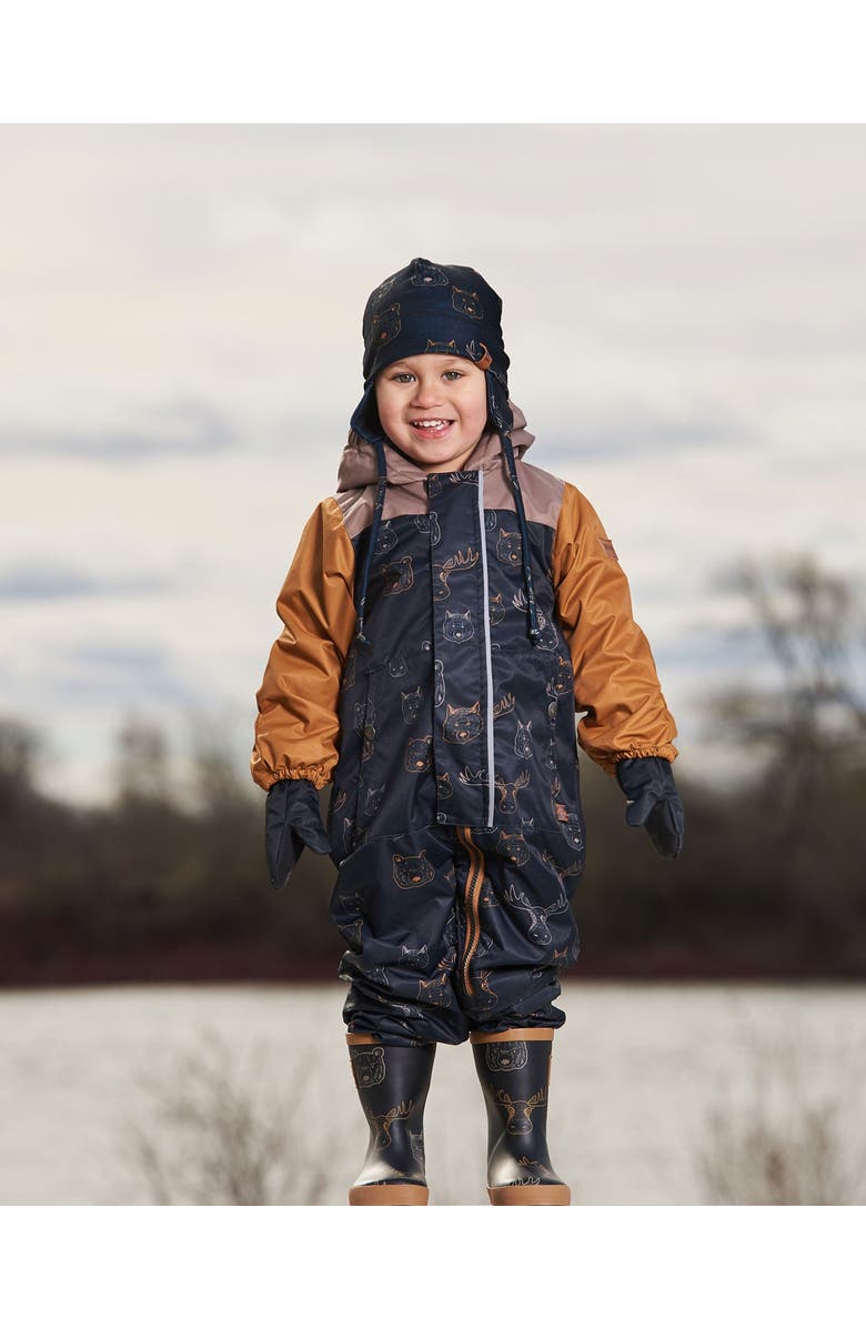 Deux par Deux Baby Boy's Baby Printed Mid-Season One-Piece Outerwear With Hat Beige Animals On Black Background, Alternate, color, 