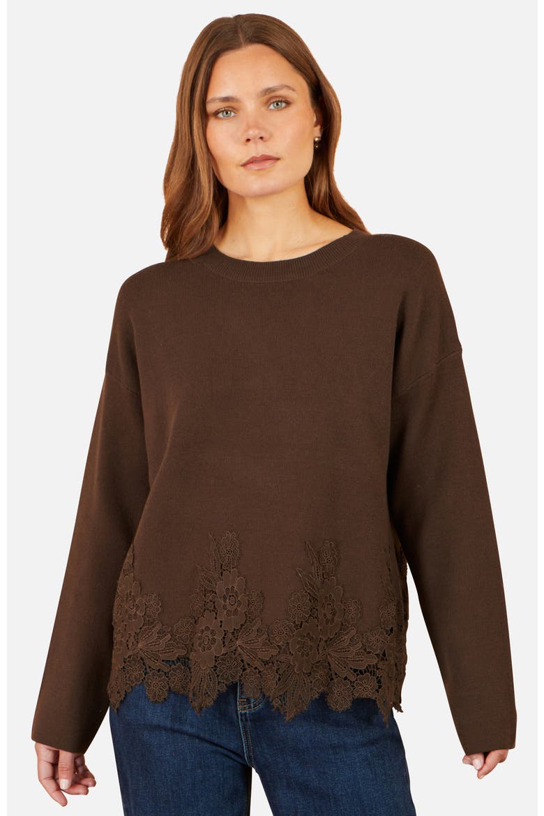 Relaxed Floral Lace Trim Jumper, Main, color, Brown