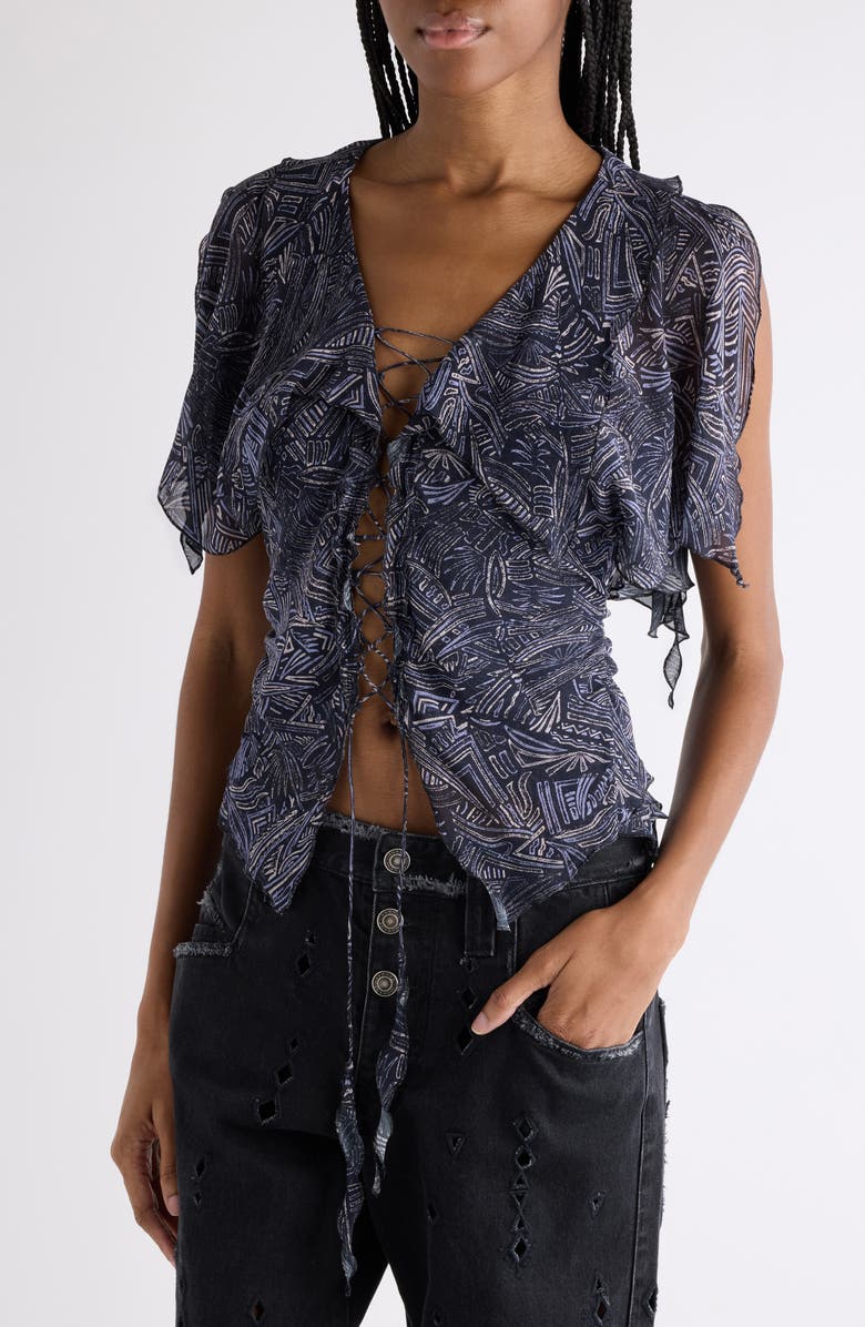 Isabel Marant Thanais Print Silk Lace-Up Top, Alternate, color, Faded Night