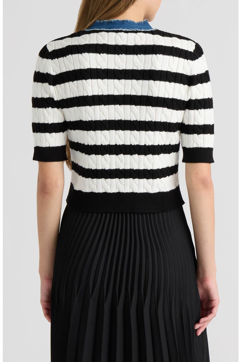 Cable Cardigan with Denim Trim, Alternate, color, MRSHMLW/ BLCK STRP