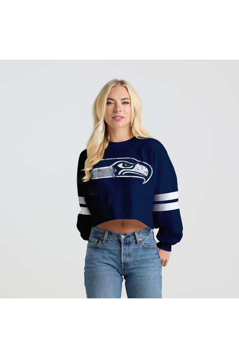 Women's Spirit Jersey  College Navy Seattle Seahawks Oversized Cropped Stripe Long Sleeve T-Shirt, Main, color, College Navy