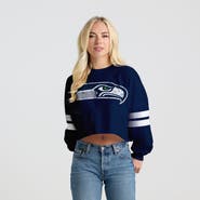 SPIRIT JERSEY Women's Spirit Jersey  College Navy Seattle Seahawks Oversized Cropped Stripe Long Sleeve T-Shirt