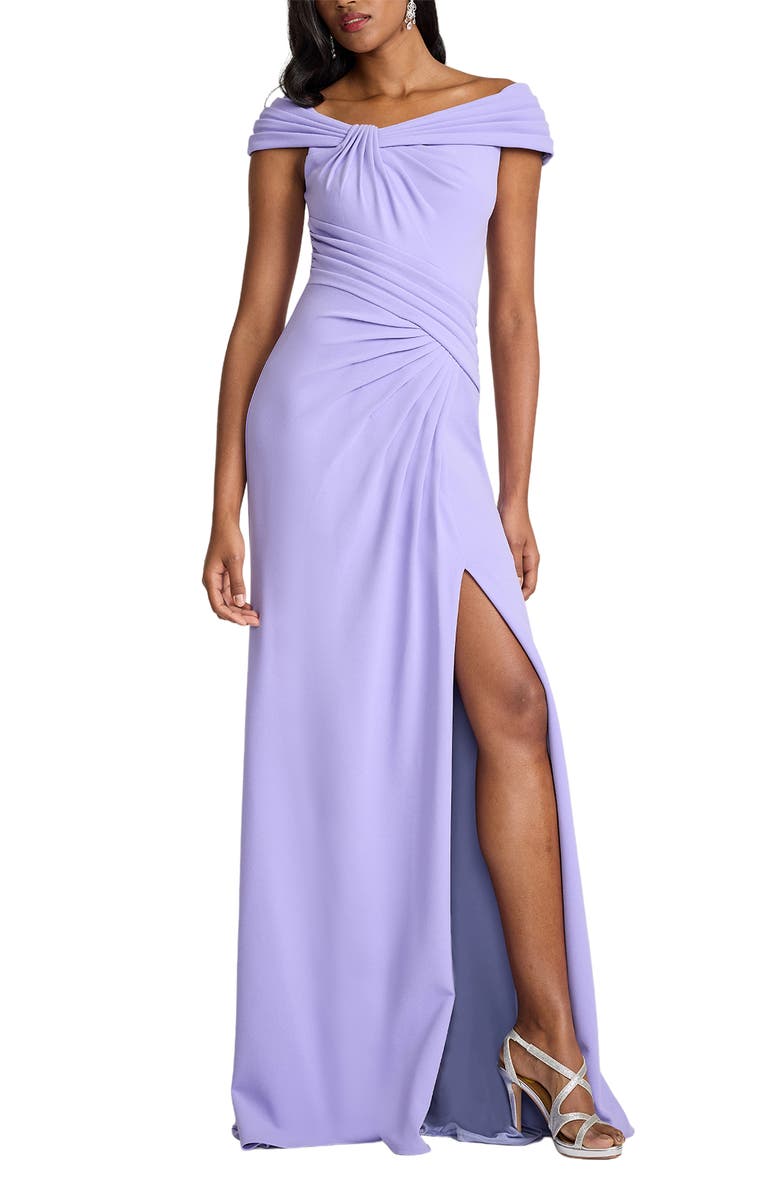 Tadashi Shoji Off the Shoulder Crepe Column Gown, Main, color, Lavender Mist