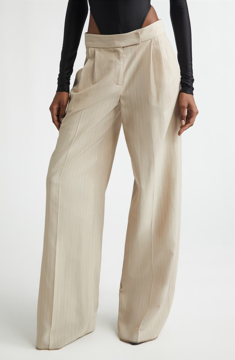 LaQuan Smith Shimmer Pinstripe Wide Leg Pants, Main, color, Sand