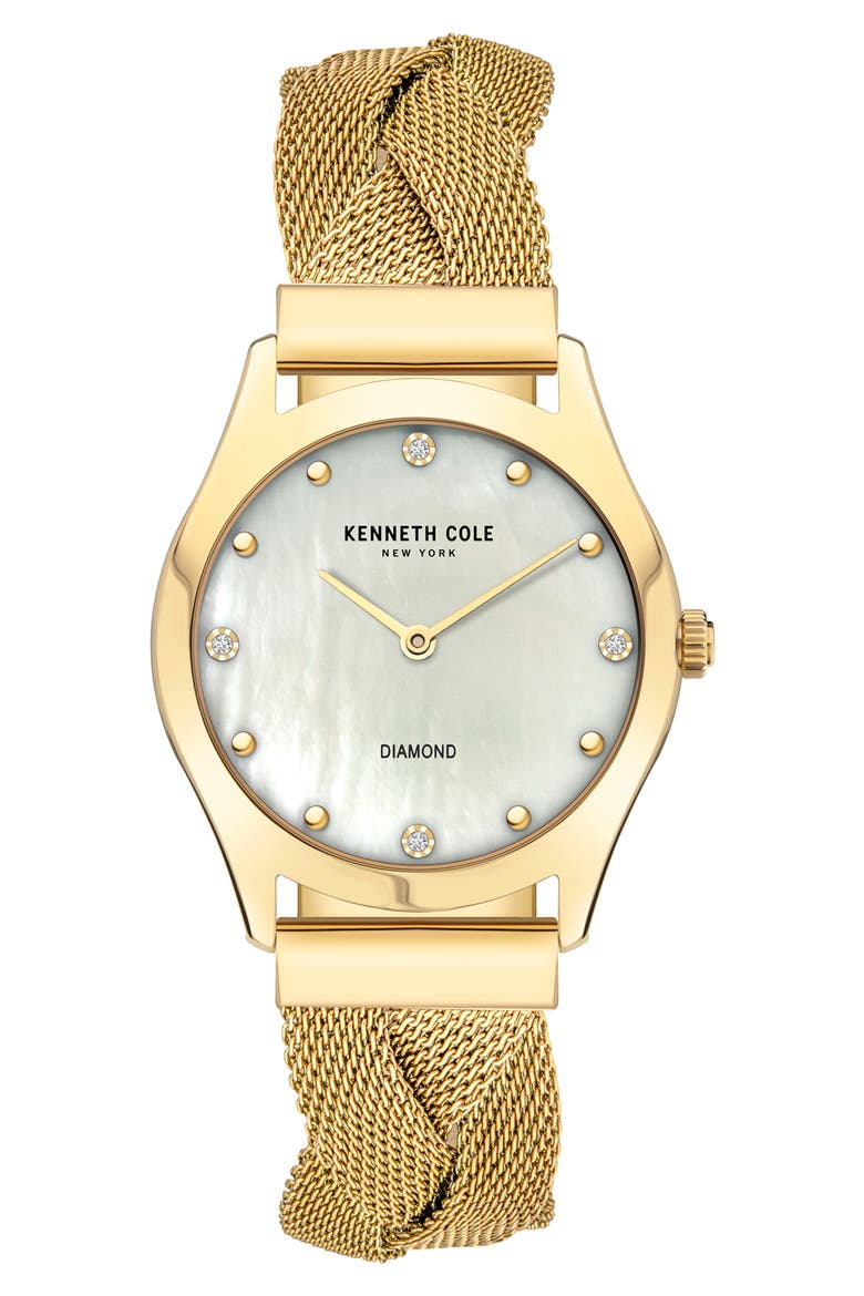 Diamond Accent Braided Mesh Bracelet Watch, 34mm, Main, color, GOLD HAMILTON GOLD